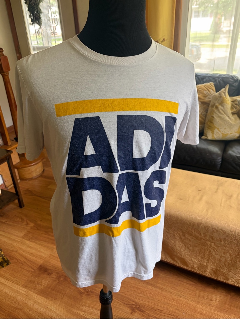 adidas White Short-Sleeve Tee with Navy Block Logo and Yellow Stripes